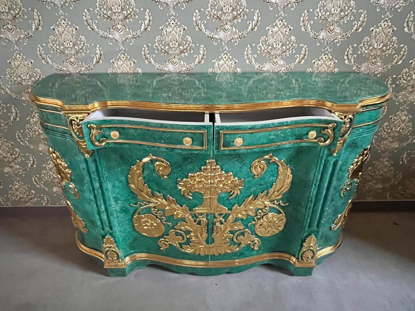 Huge Wooden Cabinet Antique Baroque Rococo Style in Emerald Green Huge Cupboard for Home Decor or Commercial Store Display