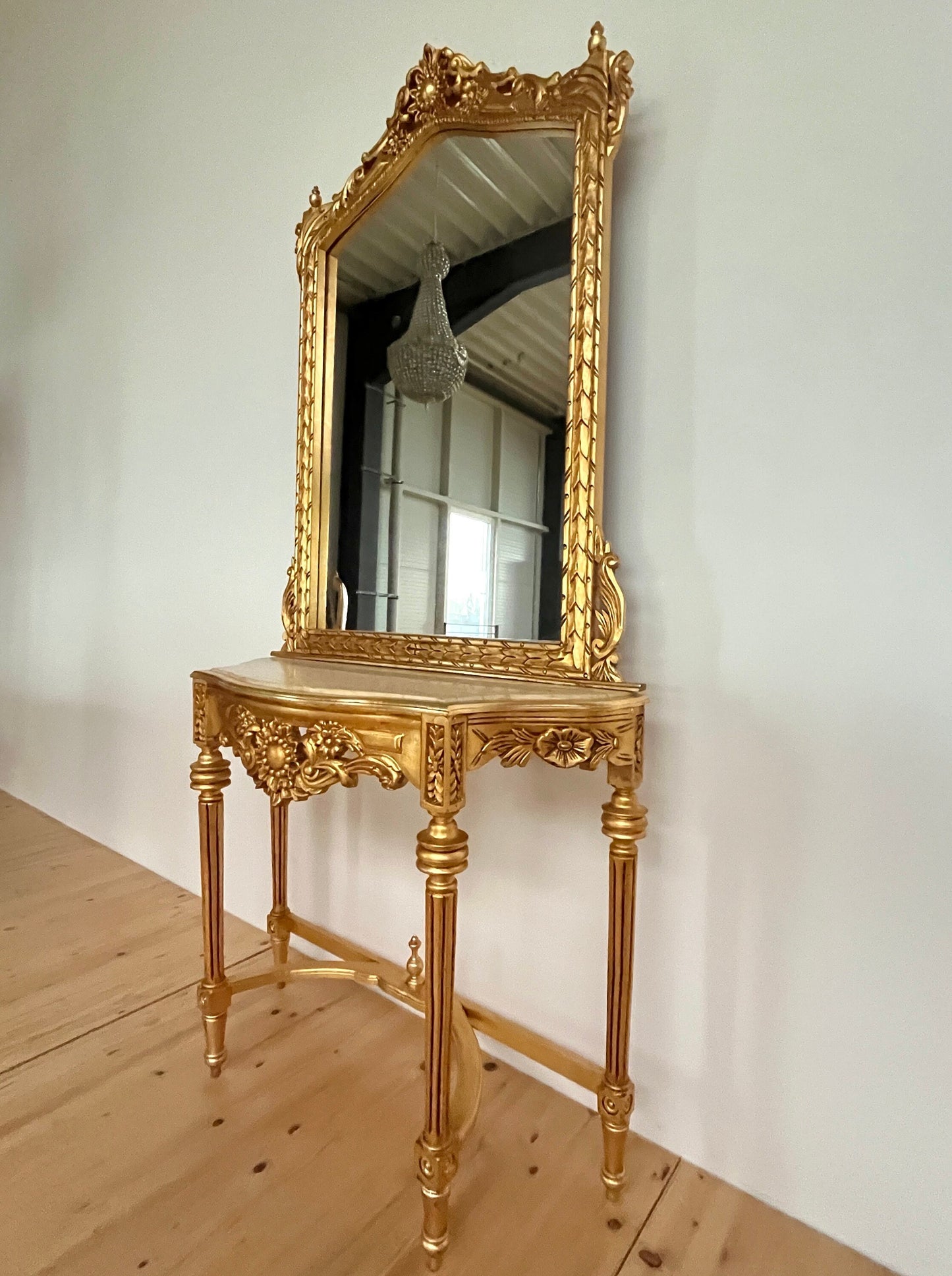 Mirror Table Console Retro Baroque Style with Marble Slab Top Handmade Wooden Table in Gold Finish
