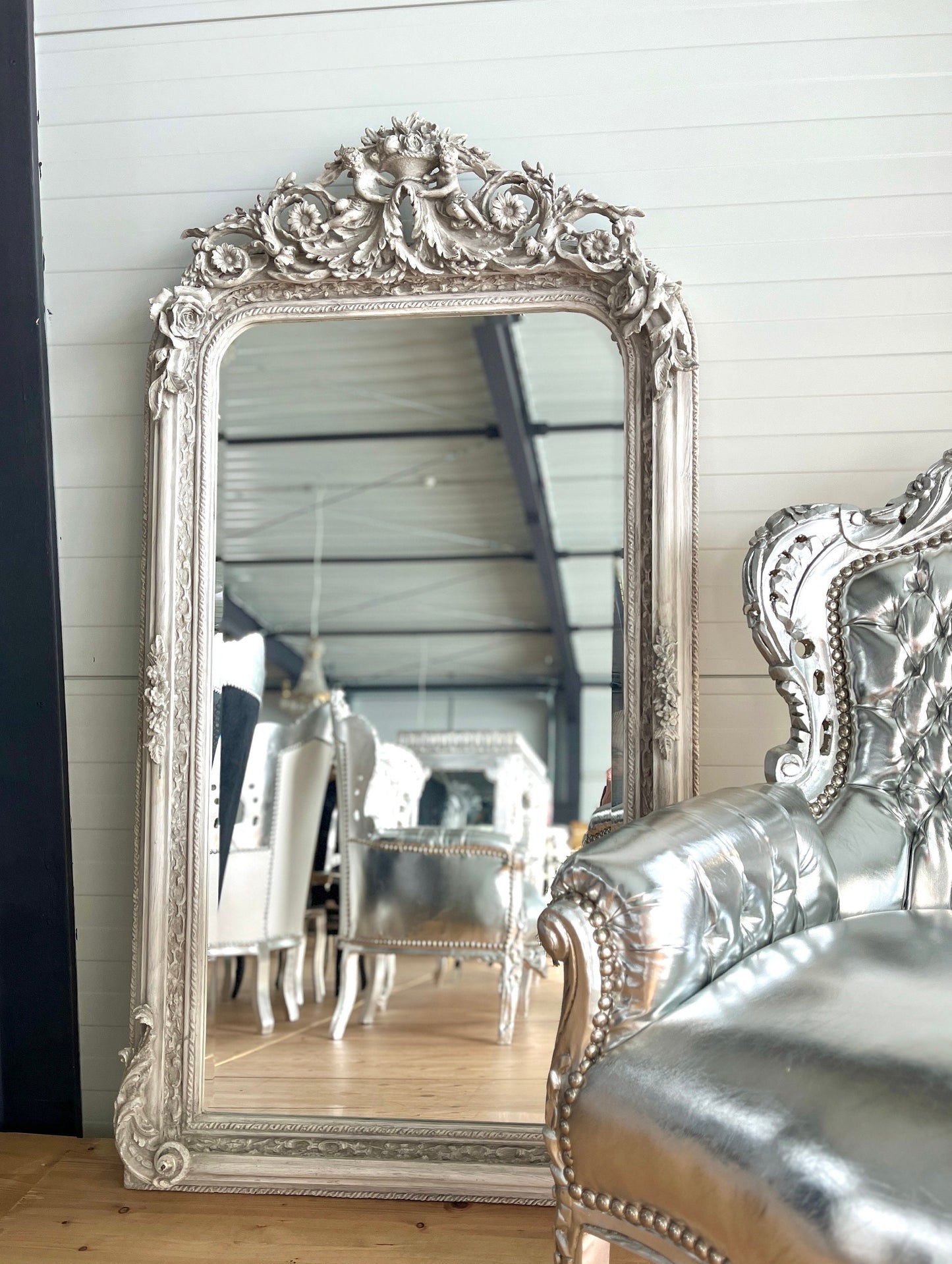 Floor Mirror French Baroque Style Mirror with Angel & Flowers Sculpture Decoration in Gold and Light Grey Frame for Home Decor