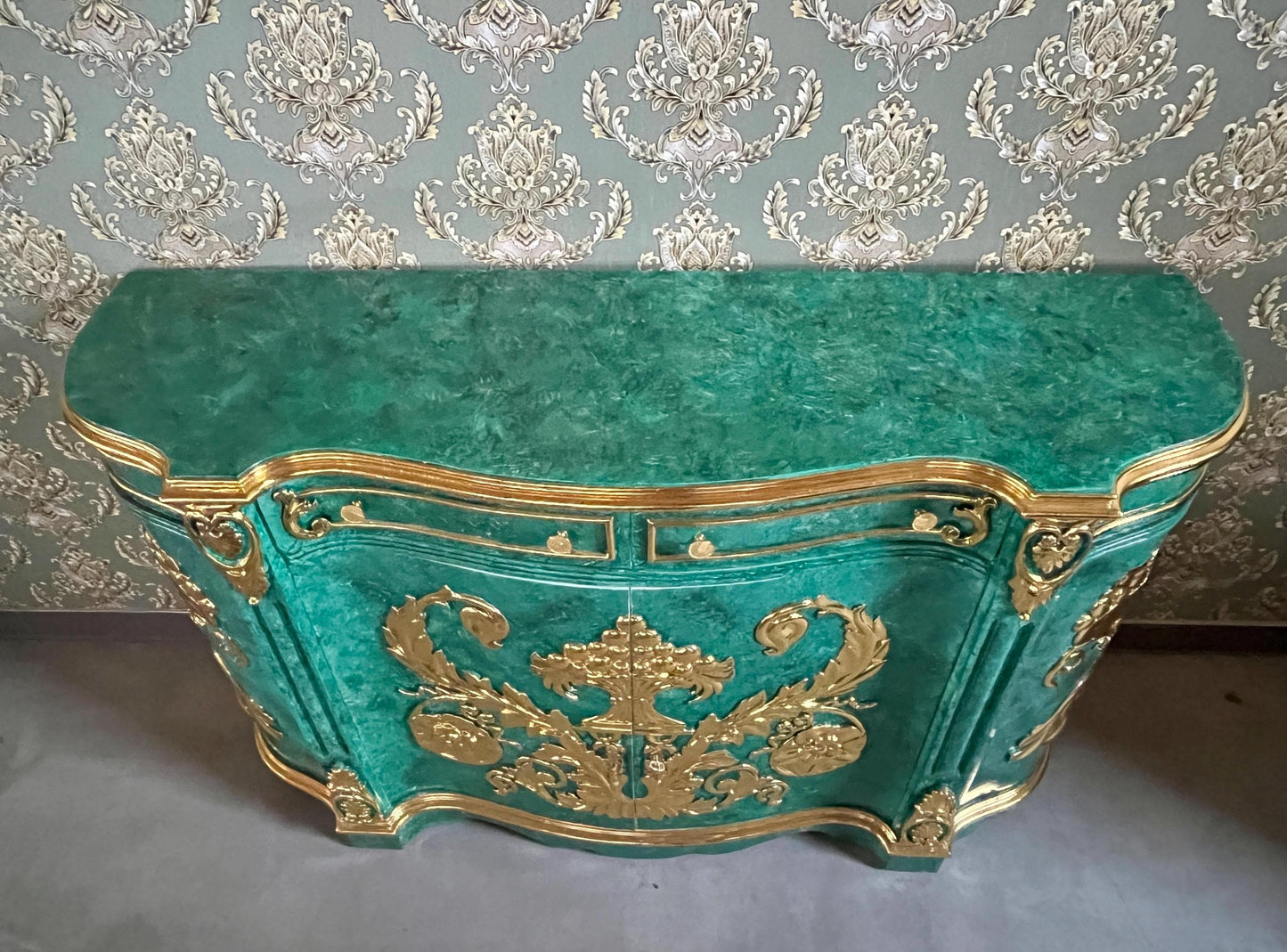 Huge Wooden Cabinet Antique Baroque Rococo Style in Emerald Green Huge Cupboard for Home Decor or Commercial Store Display