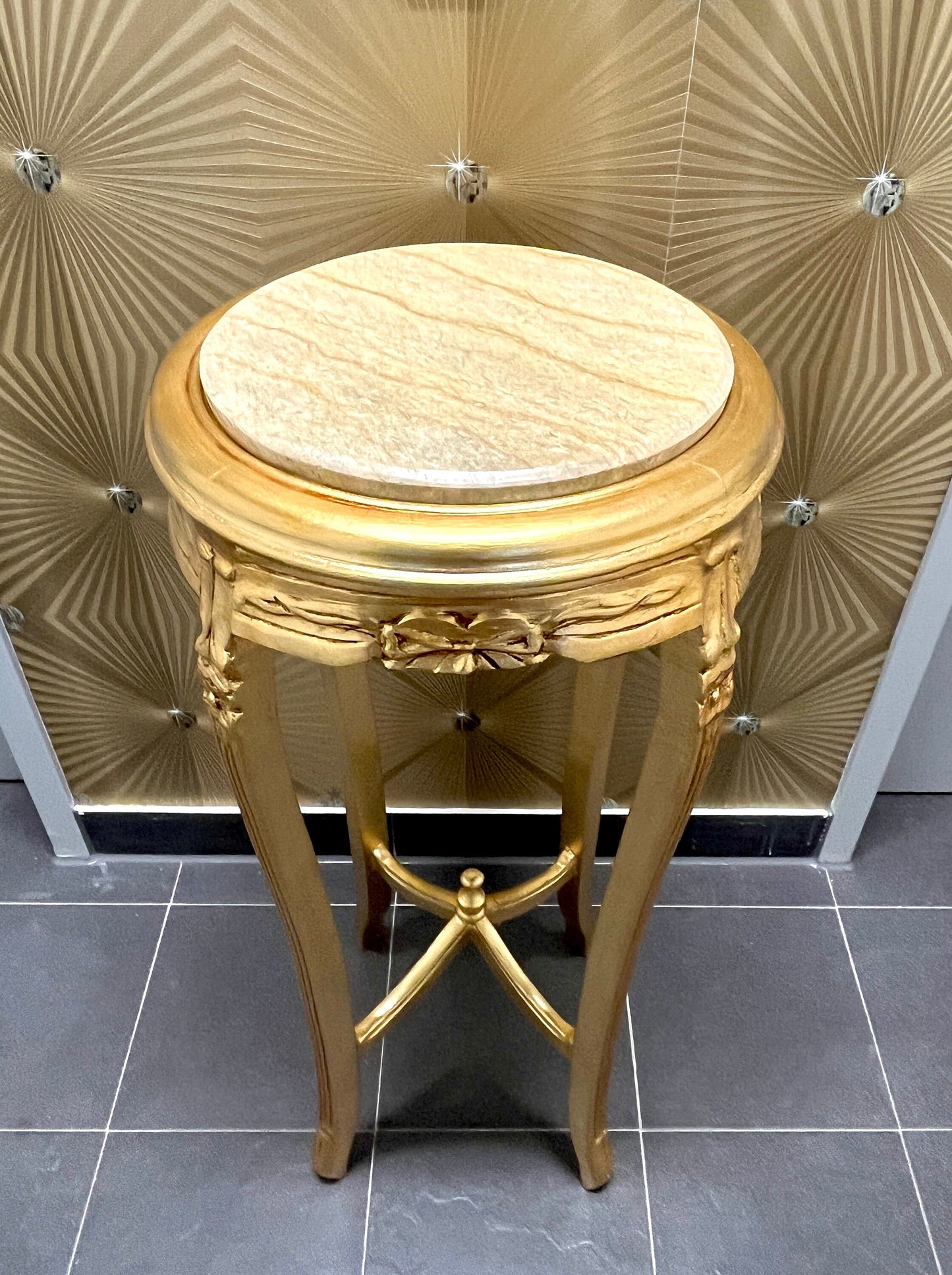 Tall Side Table French Baroque Style with Marble Slab Top for Home Decor Table Gold Finish and Beige Marble