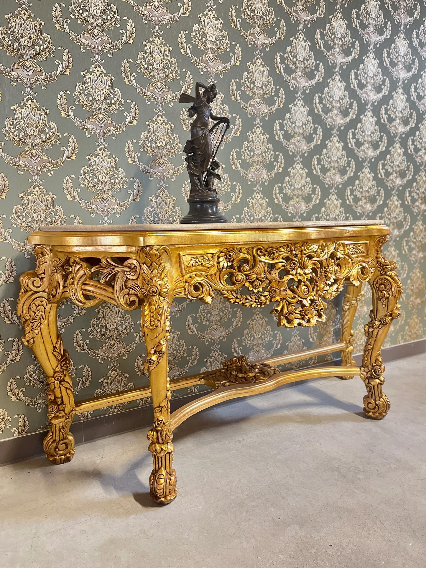 Console Table French Antique Style in Solid Wood Brown and Marble Slab Top Table Retro Baroque Style Gorgeous for Home Decor