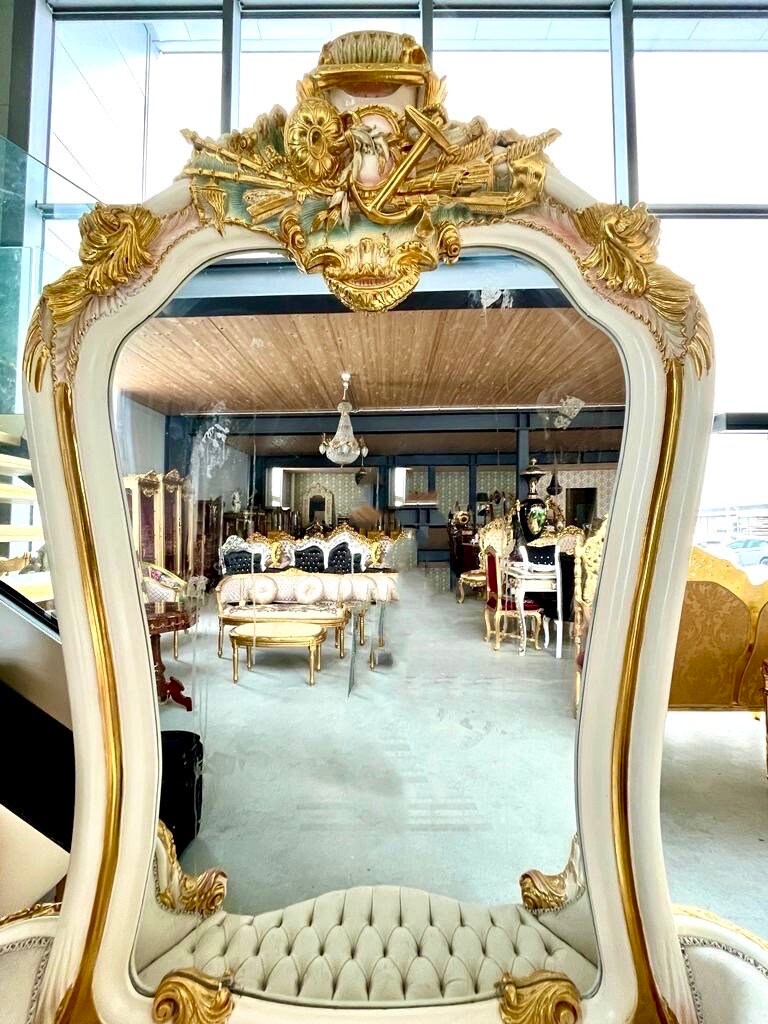 Wall Mirror & Bench Set Retro Baroque Rococo Style in Gold Finish Huge Mirror with Beige Velvet Bench Set for Commercial Lobby