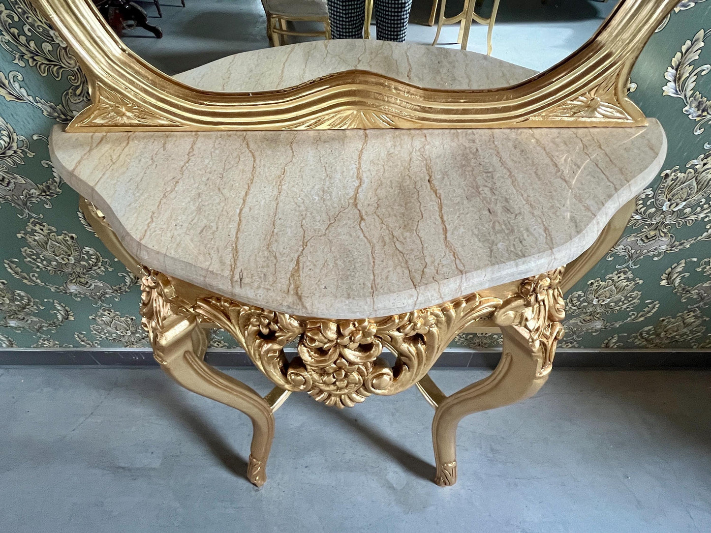 Table Console & Mirror Retro Baroque Style with Beige Marble Top Handcrafted Wooden Table in Gold Finish
