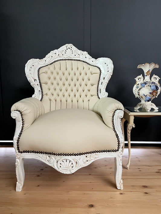 Accent Armchair French Louis XV Style in Beige Color Retro Baroque Style Chair for Living Room Handmade Armchair Home Decor