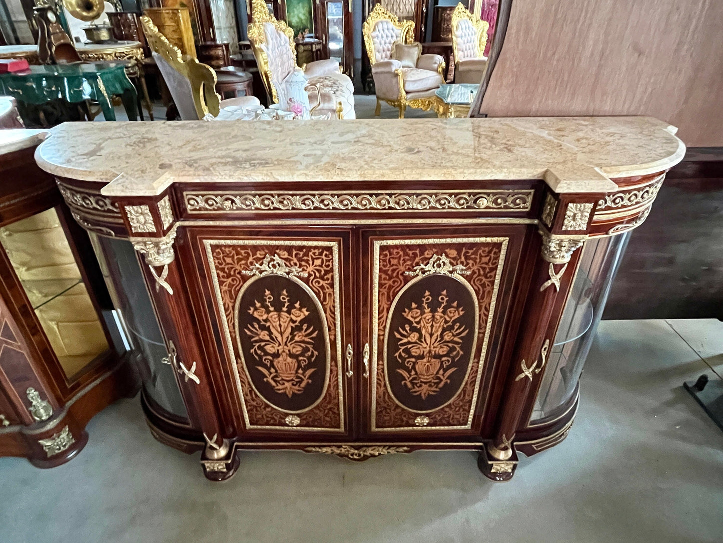 Wooden Cabinet in Nostalgic French Antique Style with Marble Slab at Top Display Cabinet Retro Baroque Style Glass Showcase Cabinet