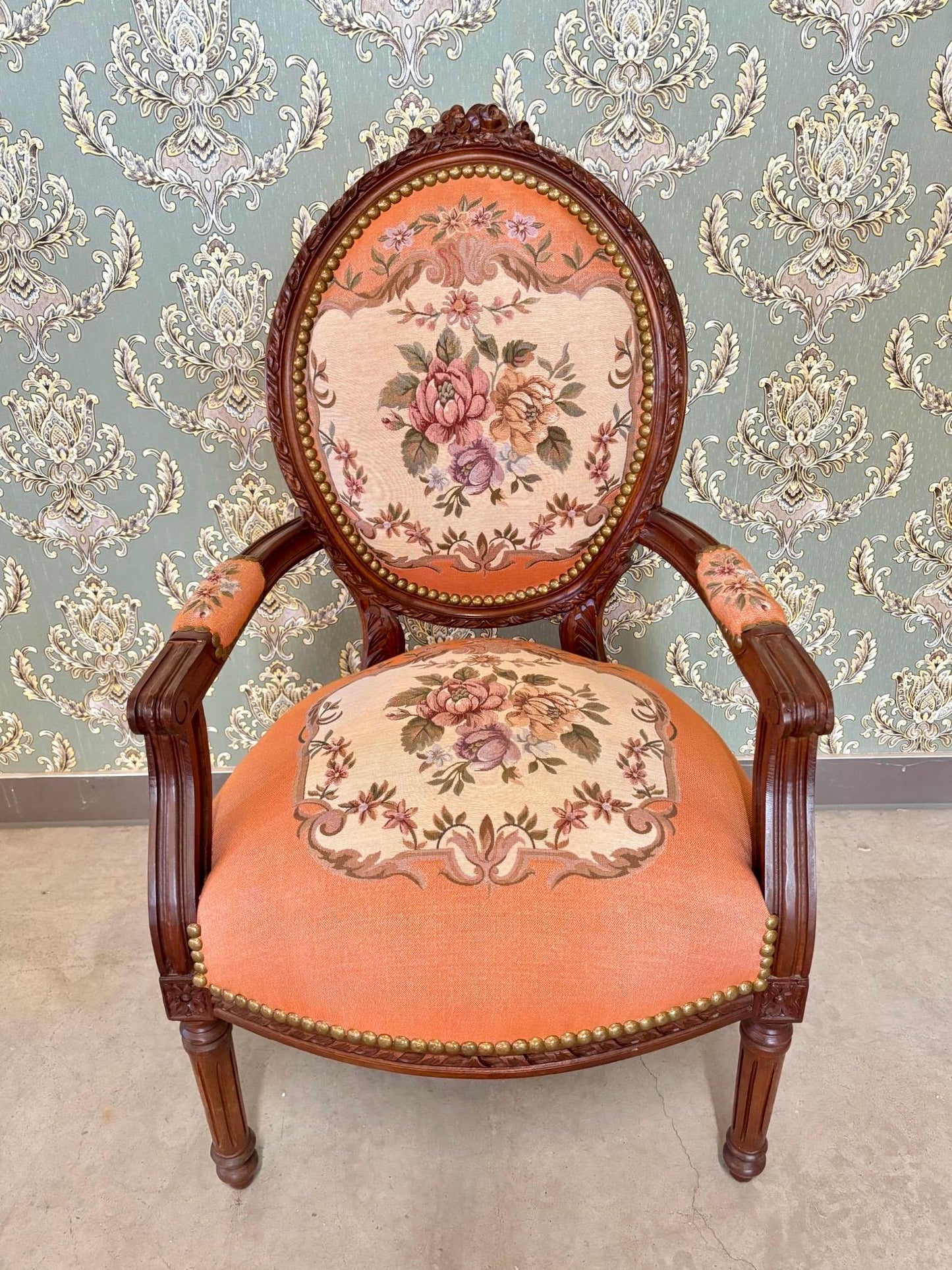 Lodge Chair Peach Red Floral Pattern Damask Wooden Armchair French Baroque Style Accent Chair Handmade Living Room Armchair for Home Decor