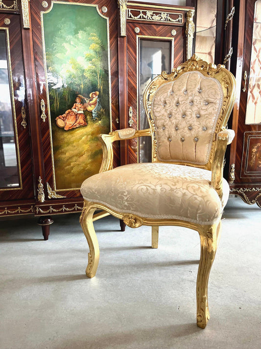 Accent Armchair Beige Color Damask French Louis XV Style Chair in Gold Finish Retro Baroque Rococo Handmade Chair For Xmas Gift Home Decor