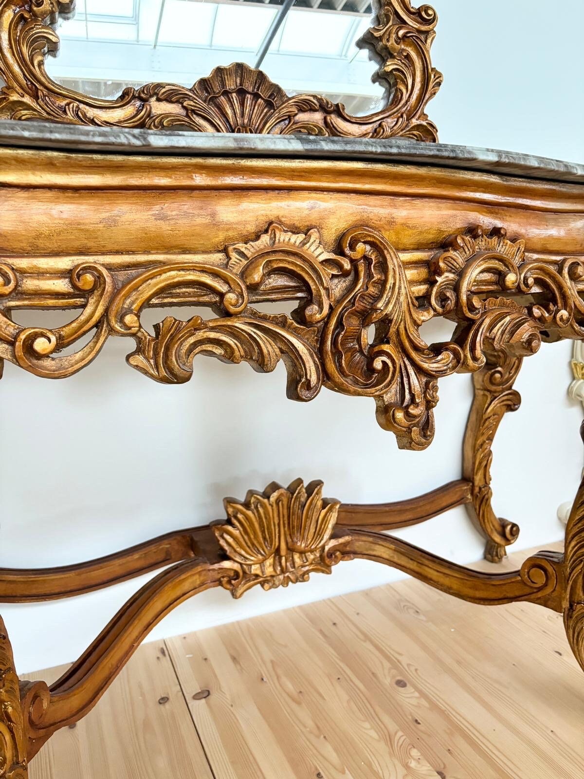 Console Table Mirror French Antique Style with Grey Marble Slab Top Console Table Retro Baroque Rococo Style in Gold Finish for Home Decor
