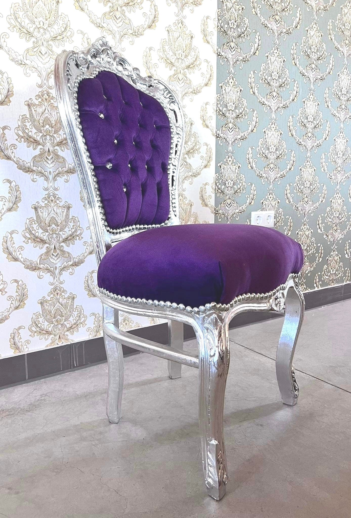 Accent Chair Blue Velvet French Baroque Antique Style Dining Chair Velvet Purple in Silver Finish for Home Decor