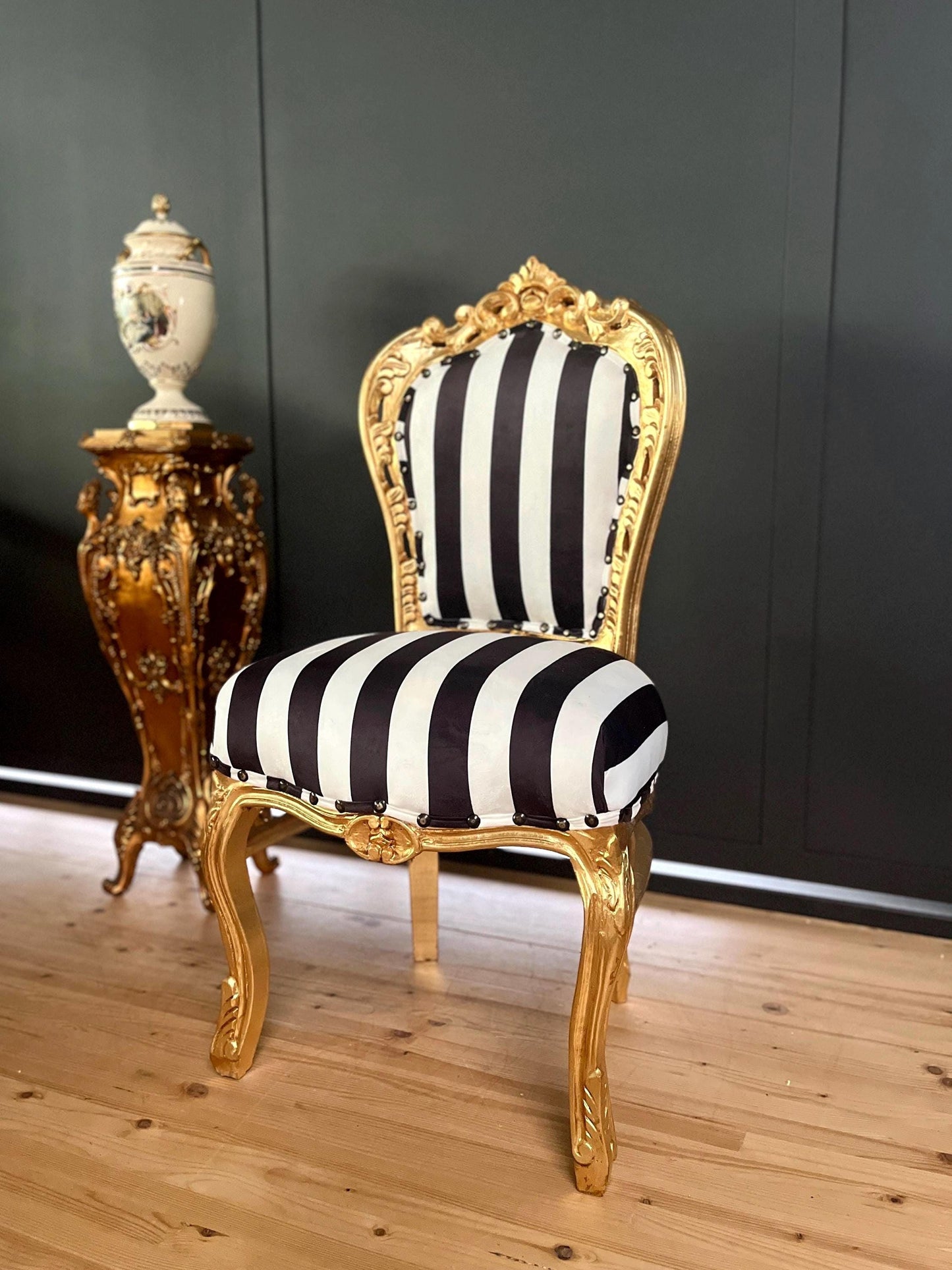 Accent Chair Deluxe Velvet in Black Stripe French Louis XV Style Chair in Gold Finish Retro Baroque Rococo Style Dining Chair for Home Decor