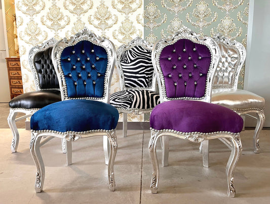 Accent Chair Blue Velvet French Baroque Antique Style Dining Chair Velvet Purple in Silver Finish for Home Decor