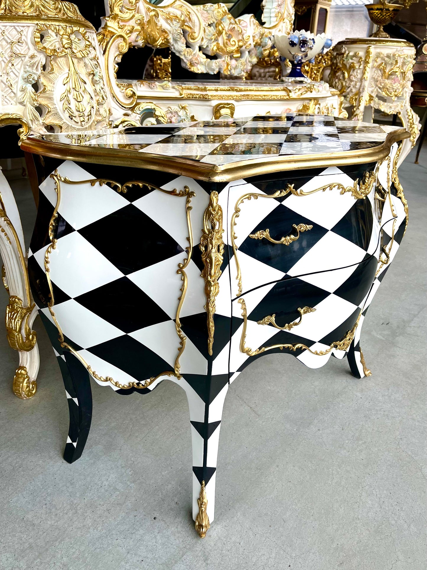 Chest of Drawer Middle Size French Louis Style in Black Diamond Print Retro Baroque Style Cabinet Inlaid 3 Drawer With Bronze Ornaments