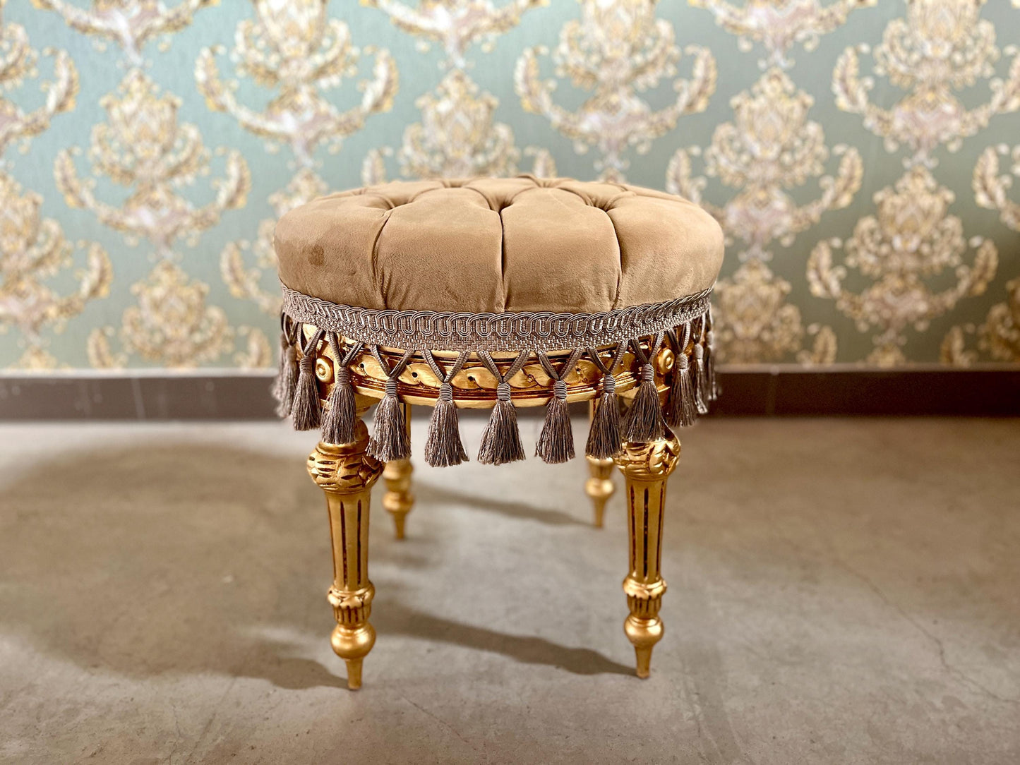 Adorable Velvet Pouf French Baroque Style Ottoman With Fringe In Ivory Flower Pattern In Camel Velvet Footstool In Gold Finish