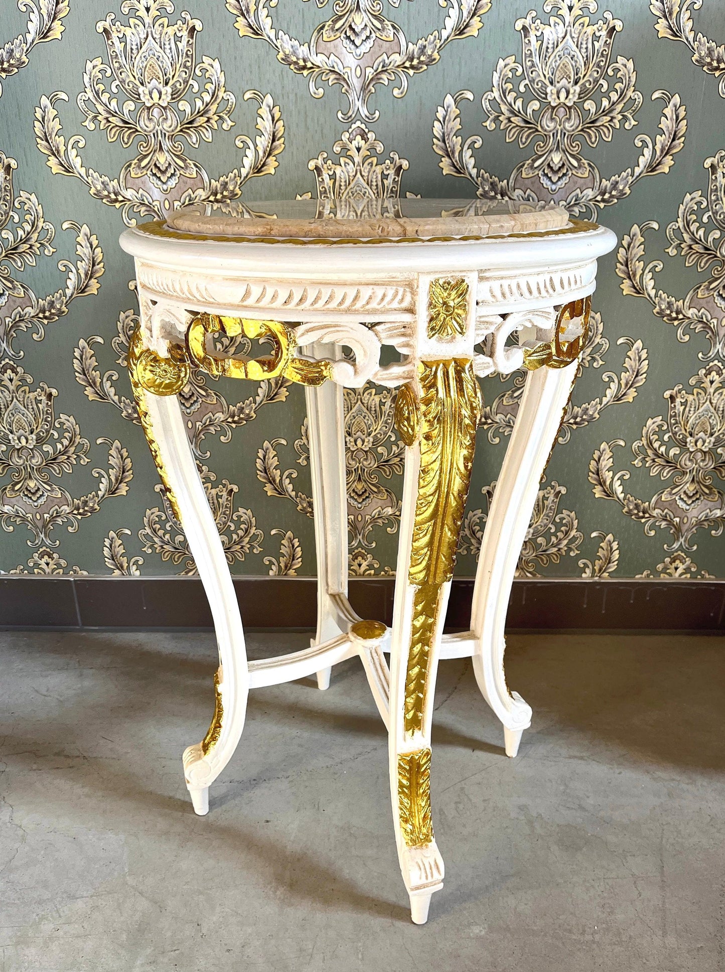 Side Table French Baroque Style with Marble Top Lamp Table Coffee Table Retro Antique Style White Finish Beige Marble for Home Decor