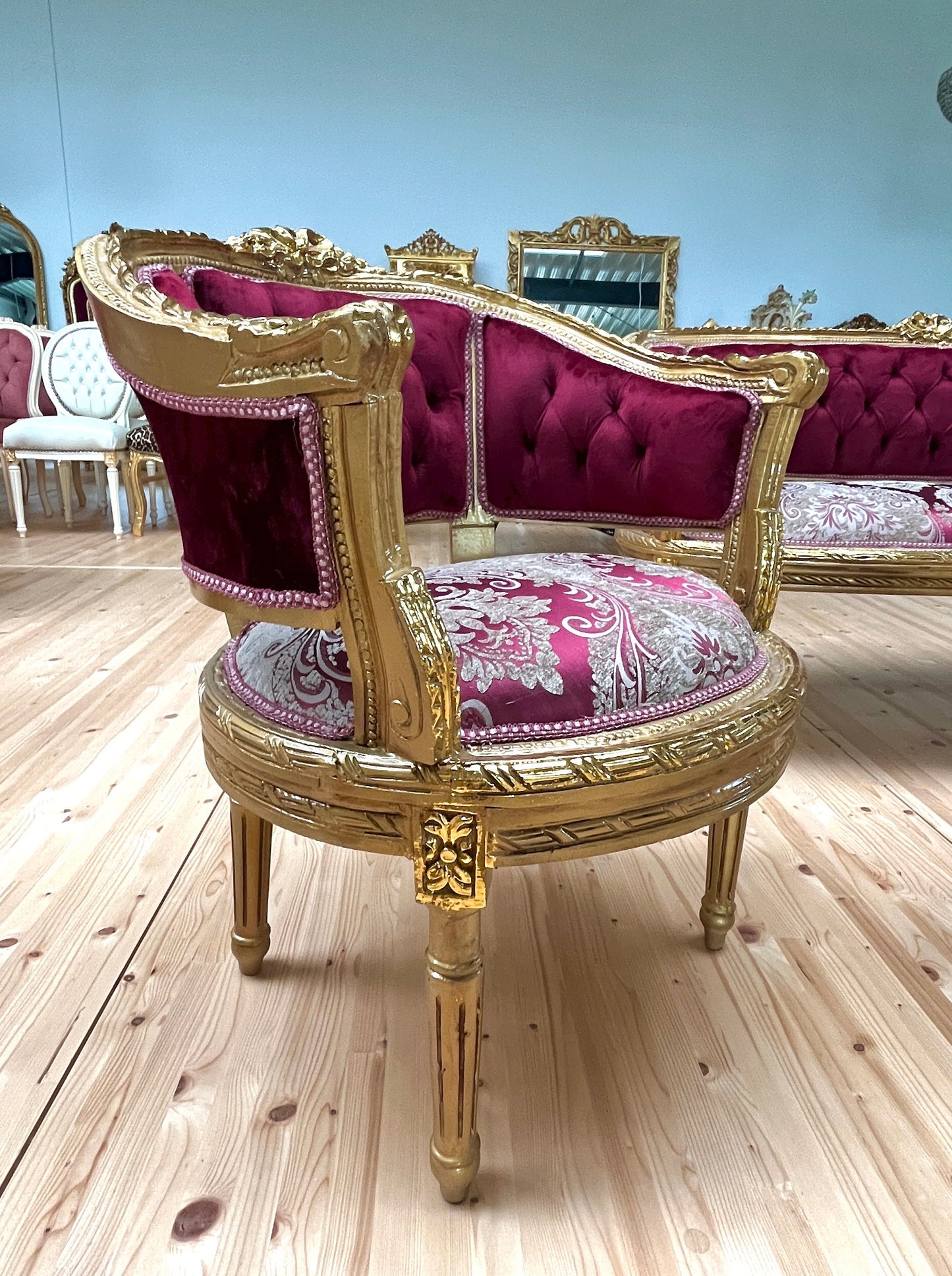 Sofa Set Red French Baroque Style Lounge Sofa Set in Bordeaux Floral Color French Settee for Lobby Living Room