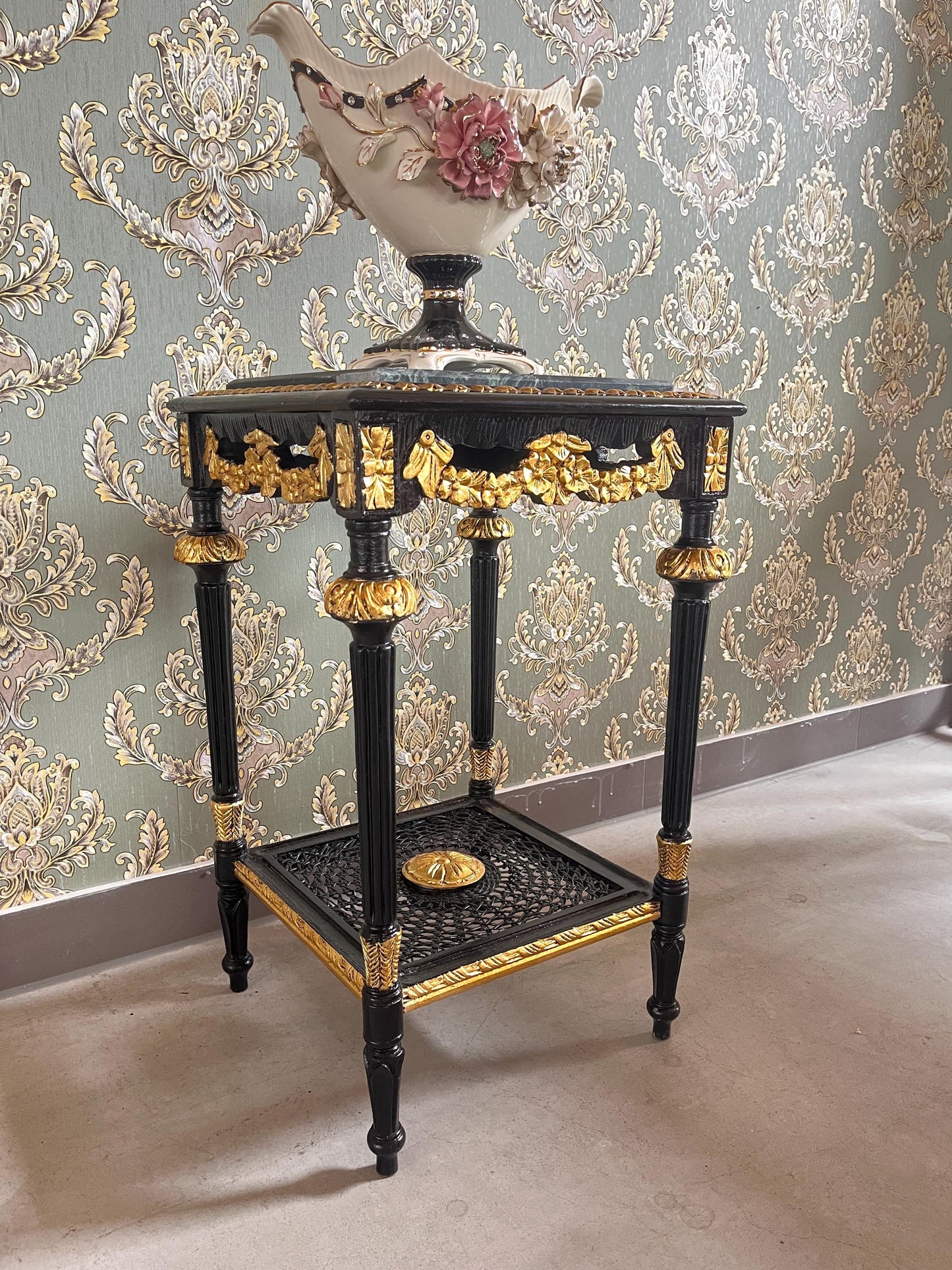 Black Side Table French Baroque Style in Glossy Black with Partial Gold Decor Coffee Table With Marble Slab Top in Dark Green or Black