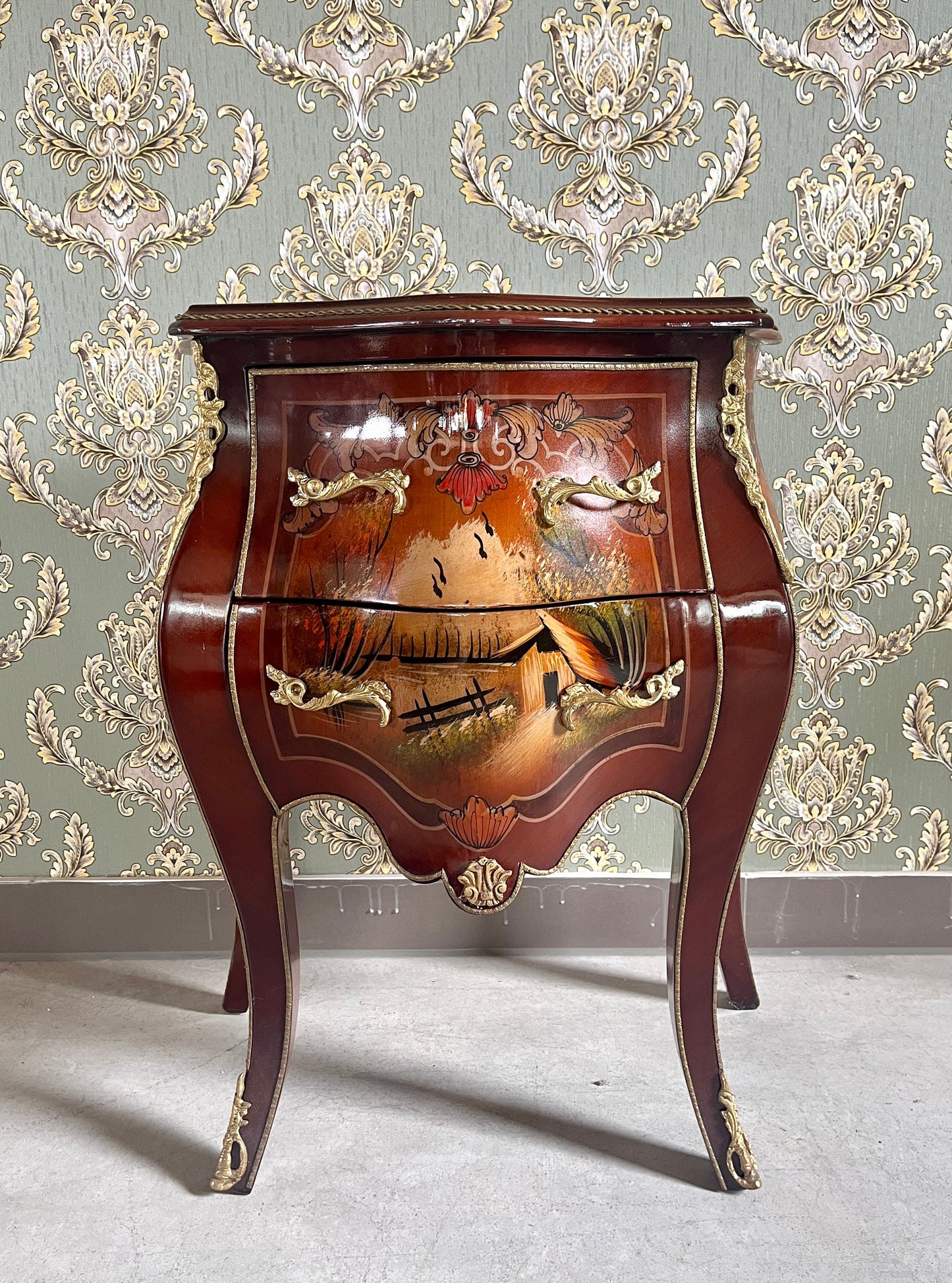 Chest of Drawer Set French Baroque Style Dresser & Night Stand Set Oil Paintings at Top Nostalgic Style Cabinet for Bedroom Decor