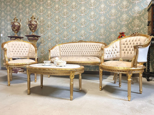 Sofa Set Retro French Baroque Rococo Style Beige Floral Color Damask Lounge Couch Set Handmade Antique Style for Living Room Home Decor