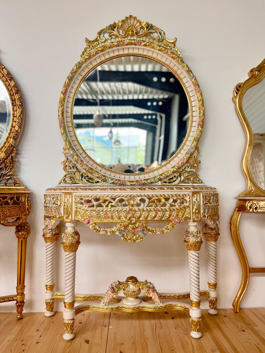 Console Table Mirror Colorful Venetian Style Table Marble Top in Gold Finish Italian Royal Baroque Style for Hotel Decor or Villa House Deco