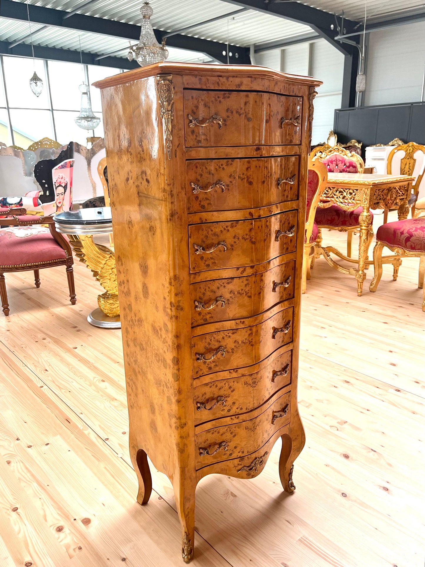 Hohe Kommode im Barockstil - Glänzend /Tall Chest of Drawer French Baroque Style in Yellow 7 Drawers Cabinet for Home Decor or Shop Display
