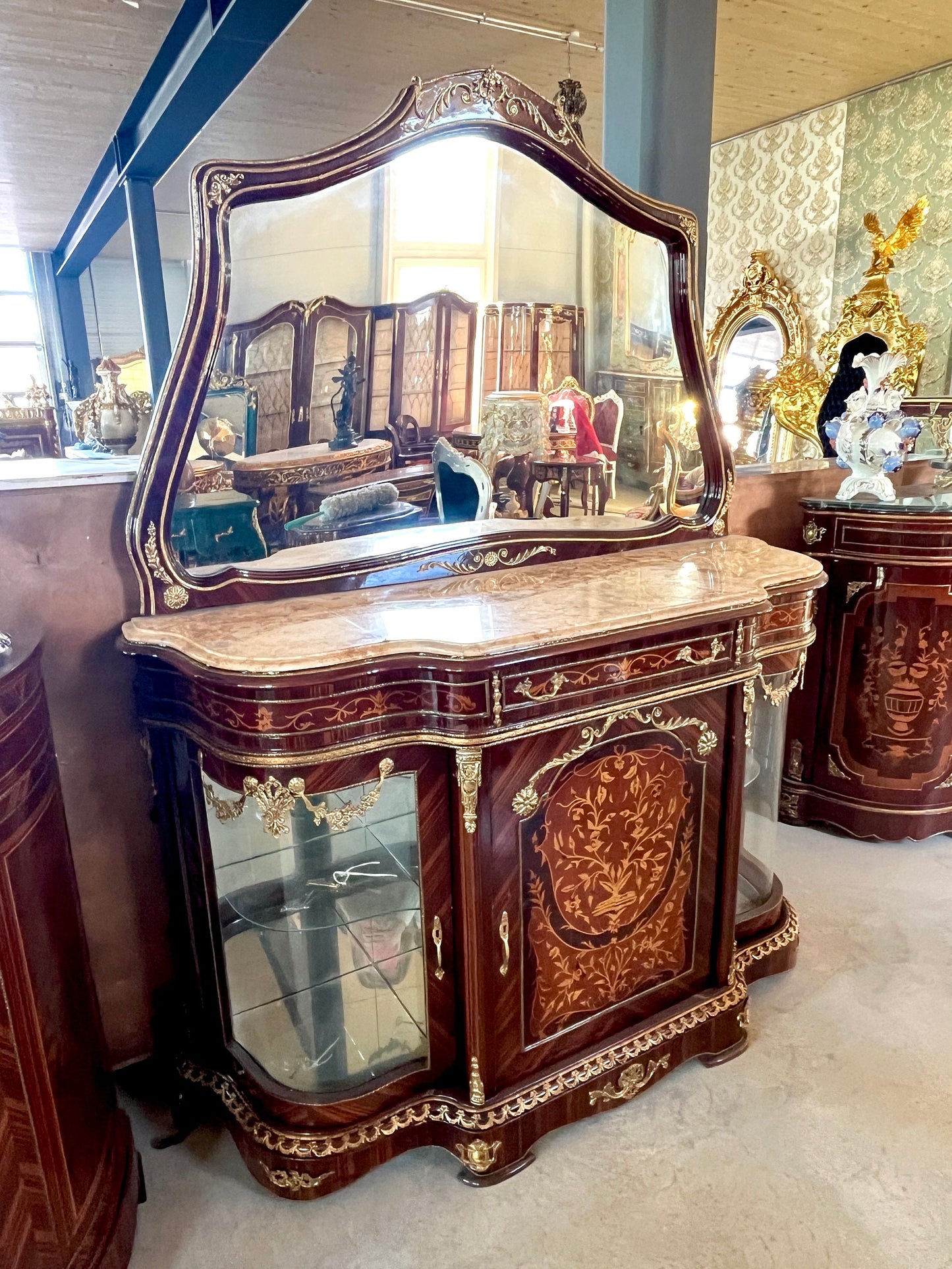 Mirror Glass Cabinet Wall Console in Nostalgic Antique Style with Marble Slab at Top Retro Baroque Style Wall Cabinet with Mirror