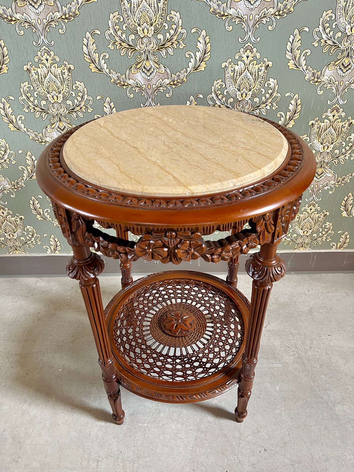 Side Table French Baroque Style with Beige Marble Top Coffee Side Table Antique Style Wooden Table for Home Decor