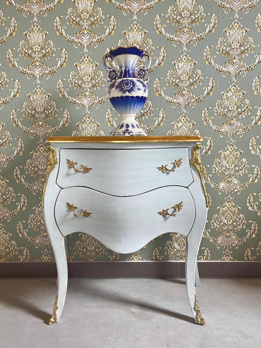 Small Chest of Drawer in Sky Blue Color French Baroque Style Night Stand Brushed Blue Color Dresser for Bedroom Decor