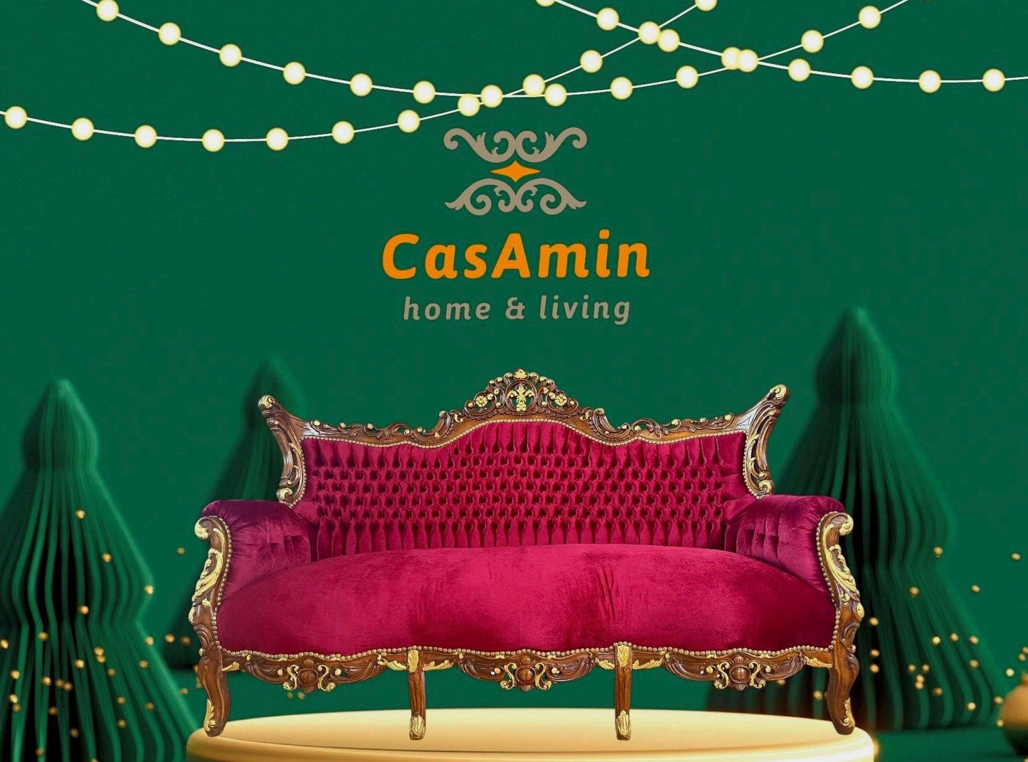 Lounge Sofa Red Velvet Antique Baroque Style 3-Seater Couch in Xmas Red Velvet French Style Home Decor Gift for Holiday LIMITED EDITION