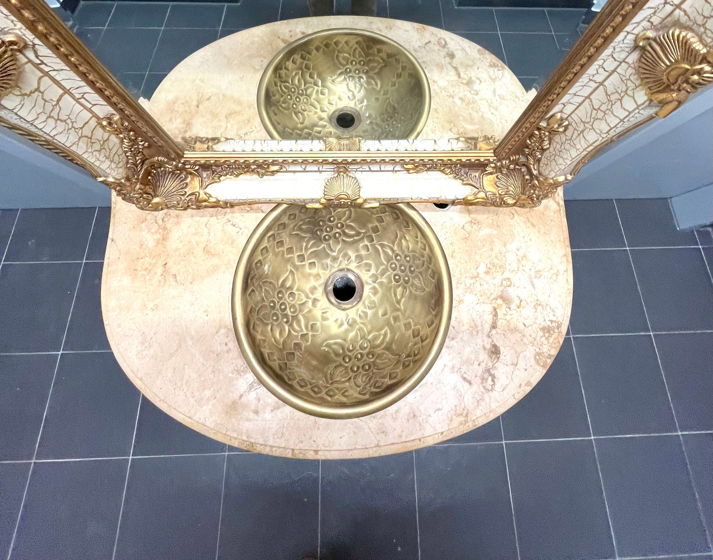 Washbasin Cabinet with Mirror Set French Baroque Style Marble Top Washbasin Cabinet Retro Home Decor in Brown