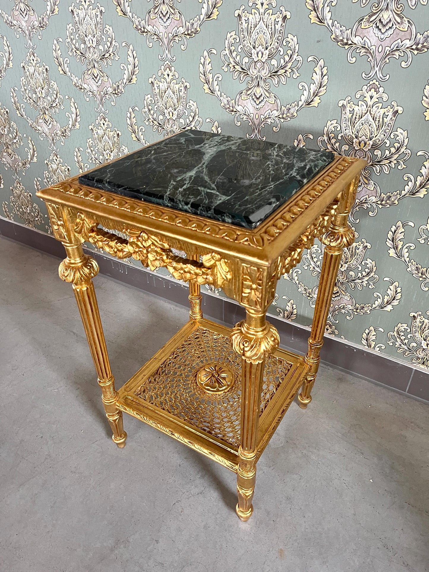 Square Side Table Marble Top Retro French Style End Table Gold Finish Barqoue Rococo Style in Greenish Marble or White Frame in Black Marble