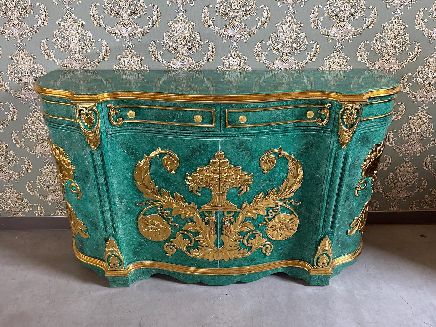 Huge Wooden Cabinet Antique Baroque Rococo Style in Emerald Green Huge Cupboard for Home Decor or Commercial Store Display