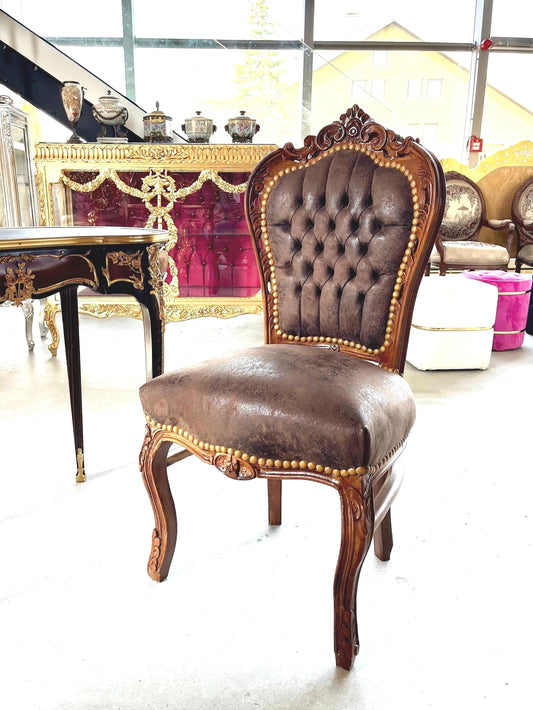 Accent Chair Brown Color Leather Like French Baroque Rococo Style Chair Antique Style Reproduction Dining Chair Real Wood Brown Color