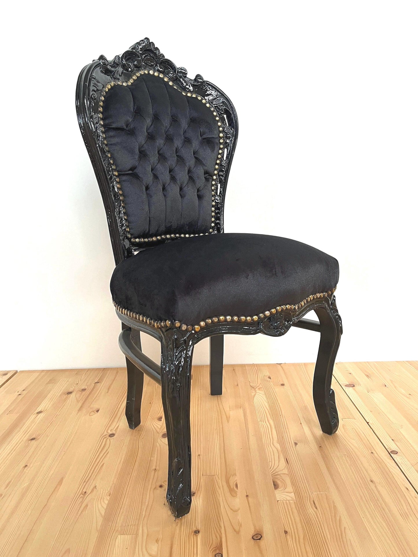 Accent Chair Black Velvet French Louis XV Style Chair Baroque Rococo Style Dining Chair Antique Style Reproduction Chair in Black