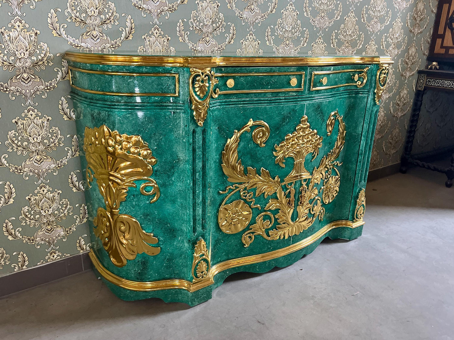 Huge Wooden Cabinet Antique Baroque Rococo Style in Emerald Green Huge Cupboard for Home Decor or Commercial Store Display