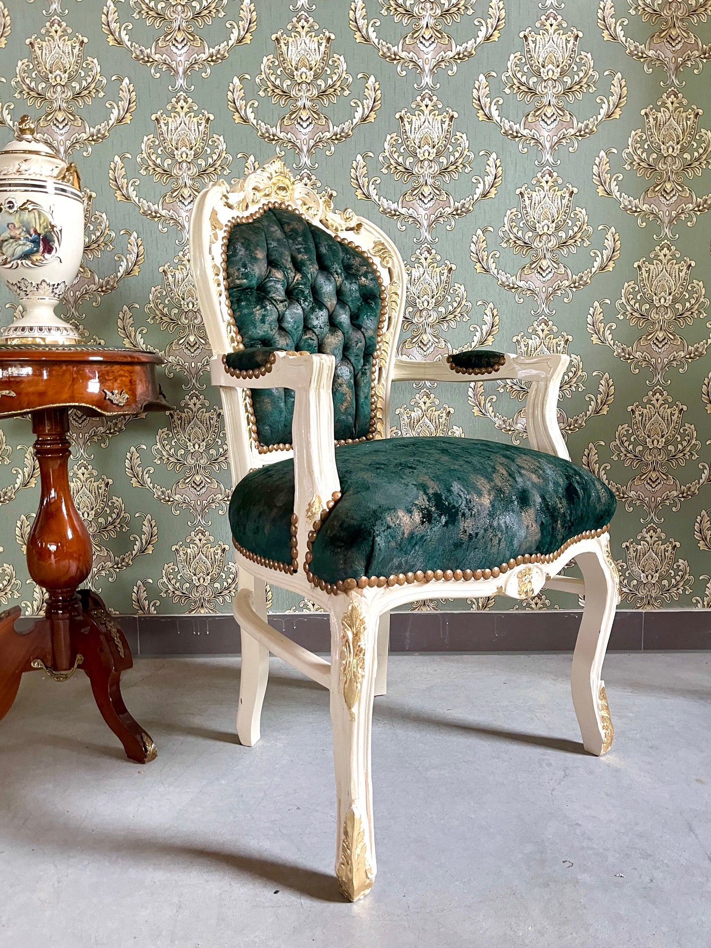 Armchair French Louis Style Velvet Forest Green Chair Baroque Rococo Antique Style Reproduction  Armchair for Home Decor for Store Display