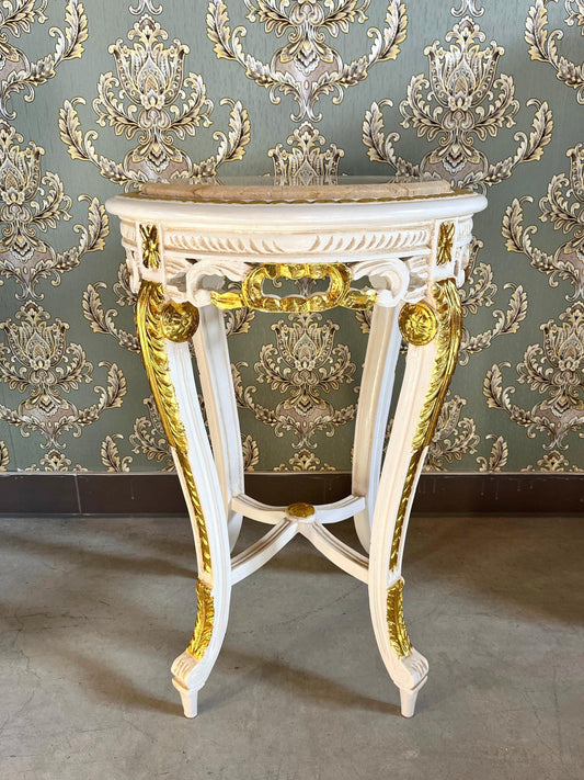 Side Table French Baroque Style with Marble Top Lamp Table Coffee Table Retro Antique Style White Finish Beige Marble for Home Decor