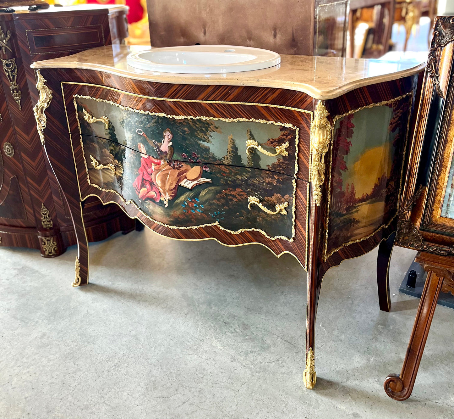 Sink Cabinet French Antique Style  Handpainted Oil Painting Surface Retro Baroque Style Home Decor with Ceramic Sink Top for Bathroom Decor