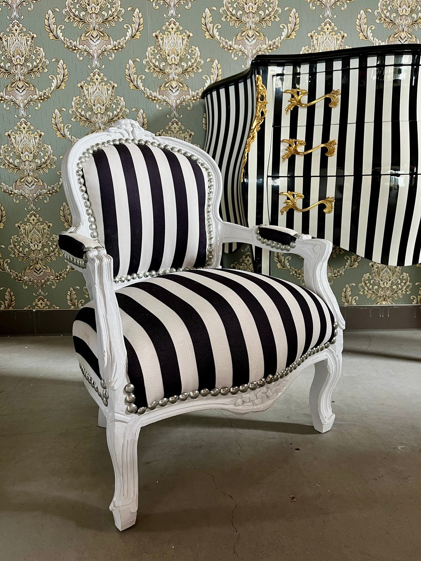 Kid’s Chair Retro Baroque Rococo Style Armchair in Black Stripe French Louis Style Cute Kid’s Chair