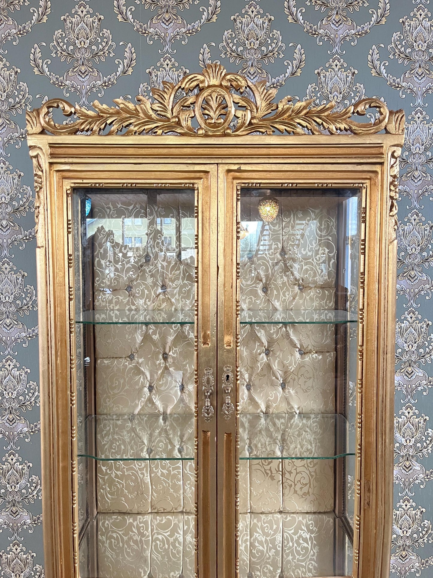 Gold Display Cabinet Retro French Antique Style Showcase in Gold Finish Baroque Rococo Style Glass Cupboard Handmade for Holiday Home Decor