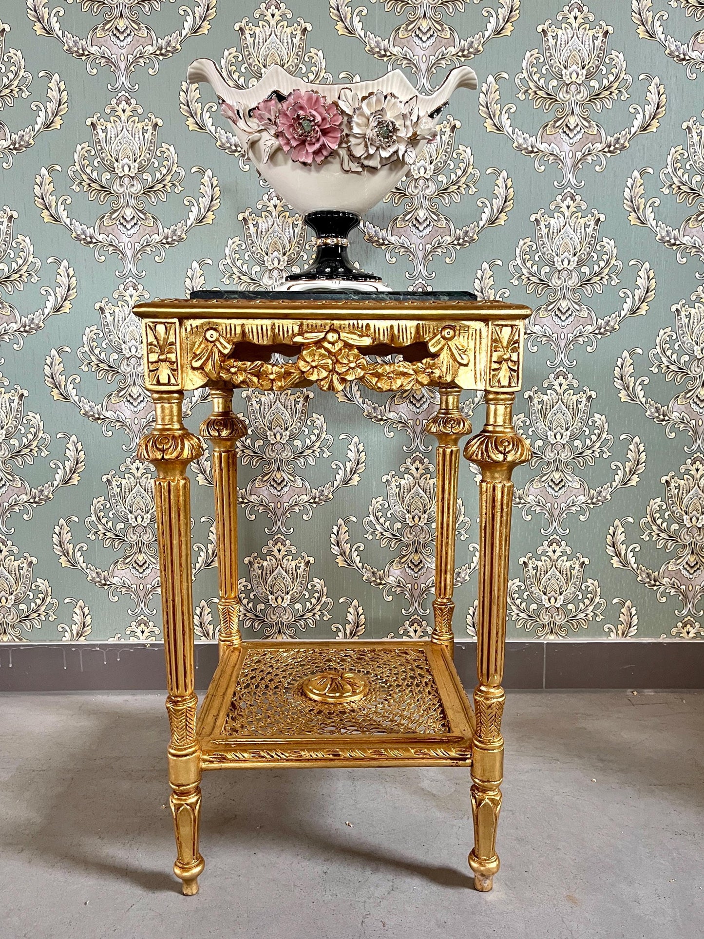 Square Side Table Marble Top Retro French Style End Table Gold Finish Barqoue Rococo Style in Greenish Marble or White Frame in Black Marble