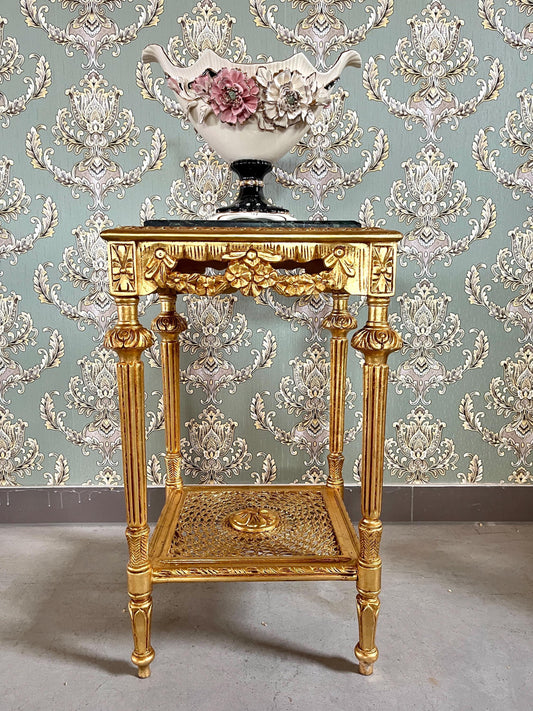 Square Side Table Marble Top Retro French Style End Table Gold Finish Barqoue Rococo Style in Greenish Marble or White Frame in Black Marble