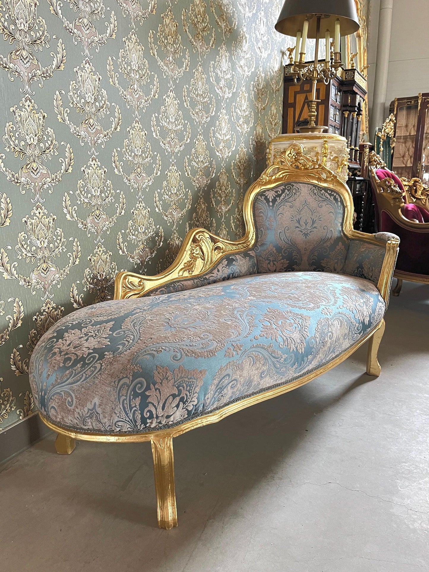 Chaise Longue Blue Velvet French Louis XV Antique Style Bench, Velvet Longue Retro Baroque Style Bench for Lounge Room, for Bedroom Decor