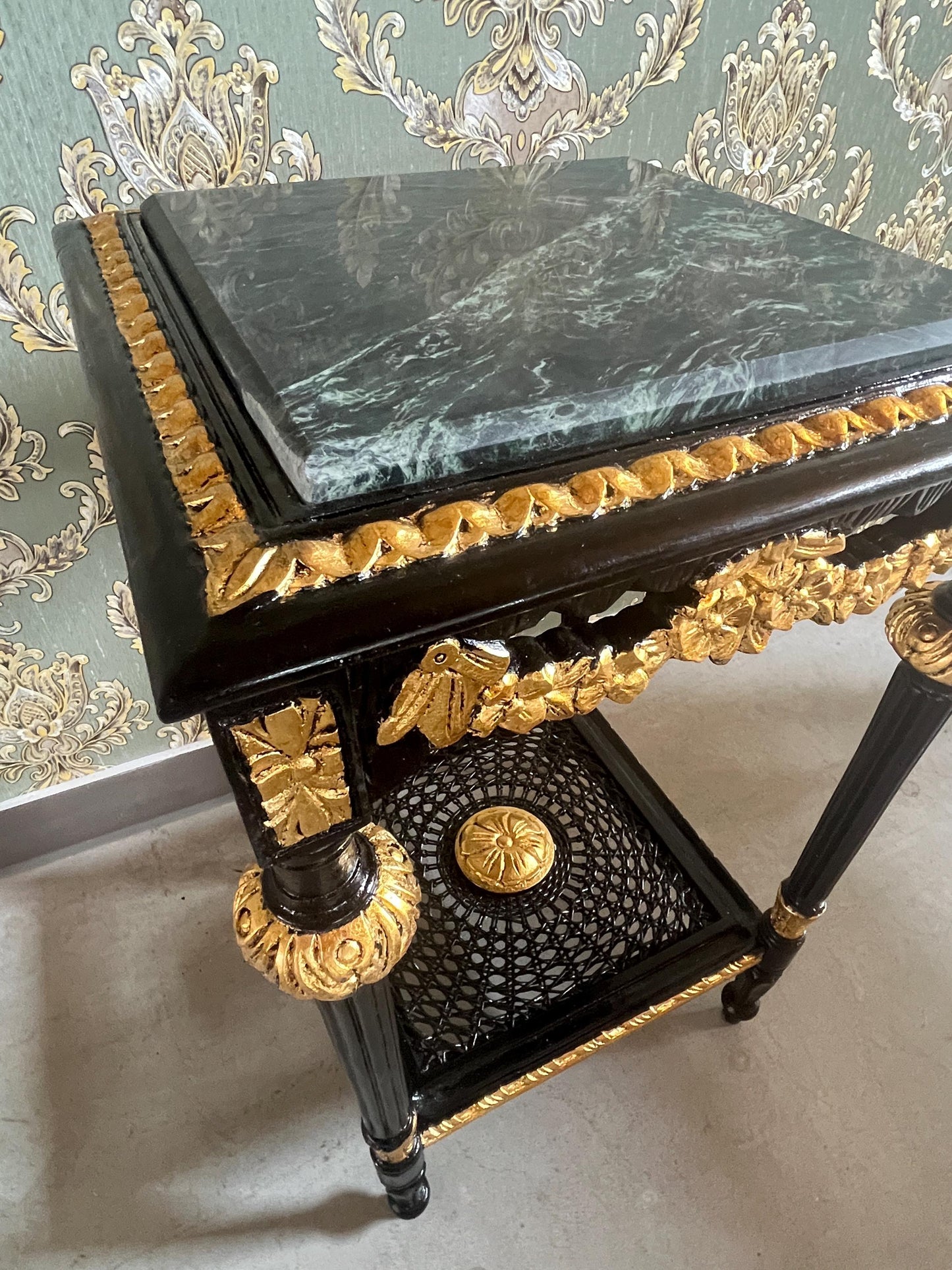 Black Side Table French Baroque Style in Glossy Black with Partial Gold Decor Coffee Table With Marble Slab Top in Dark Green or Black