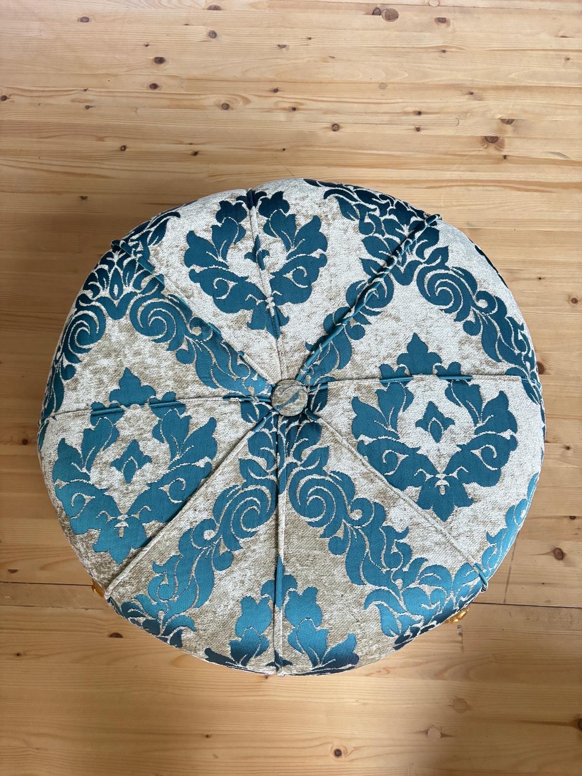 Round Pouf French Baroque Style Ottoman in Beige Velvet Floral, Handmade Ottoman Retro Baroque Style in Turquoise Blue Flower Pattern Decor