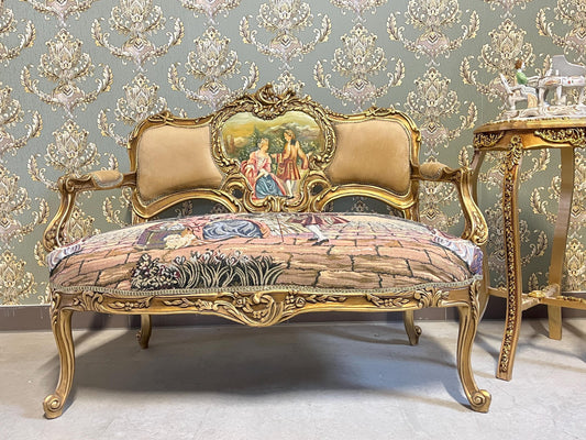 Love Seat Royal Style 2-Seater Sofa in Camel Velvet Palace Scenery Motif Nostalgic Baroque Style Handmade Bench for Lounge Room Home Decor