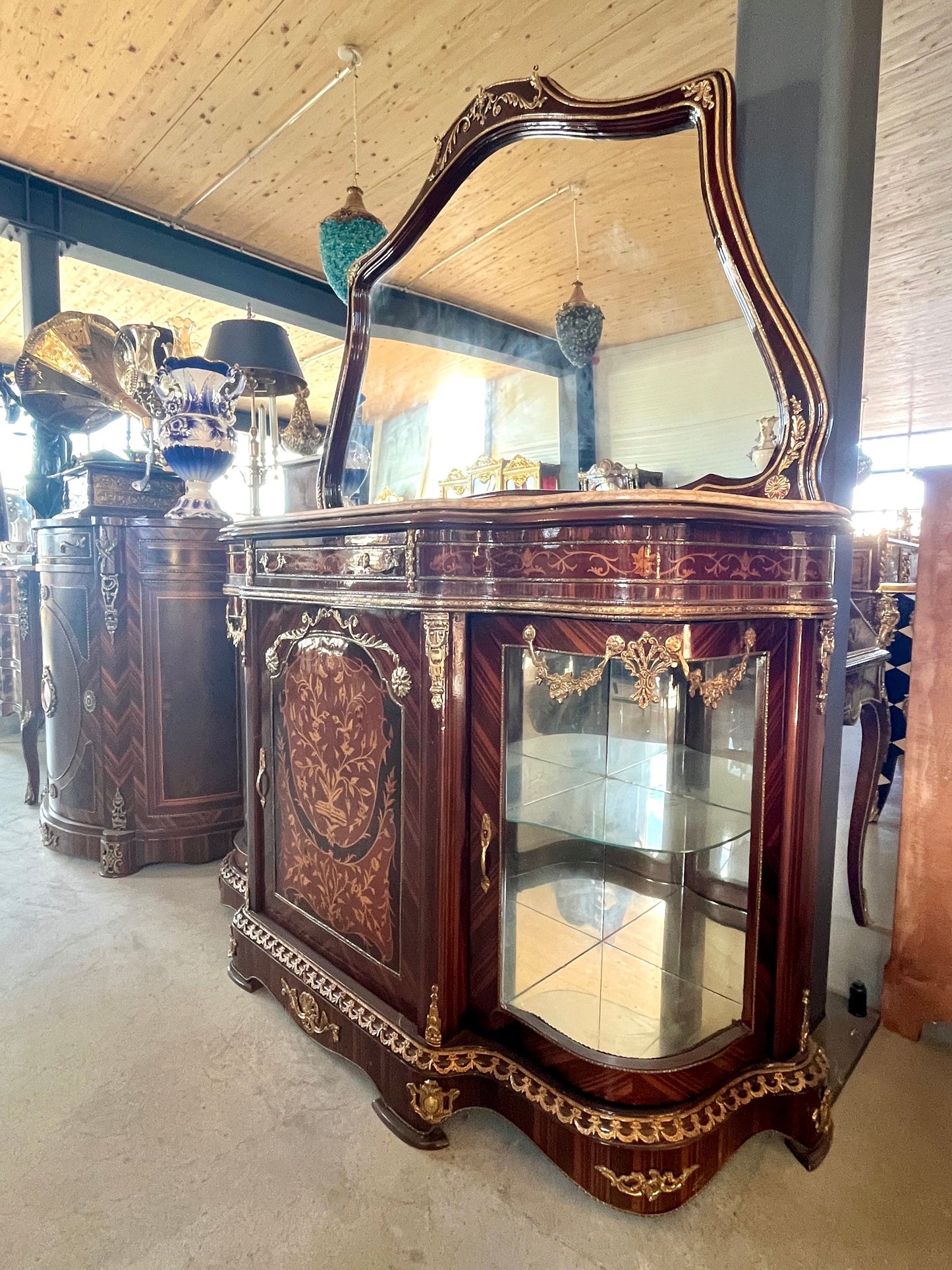 Mirror Glass Cabinet Wall Console in Nostalgic Antique Style with Marble Slab at Top Retro Baroque Style Wall Cabinet with Mirror