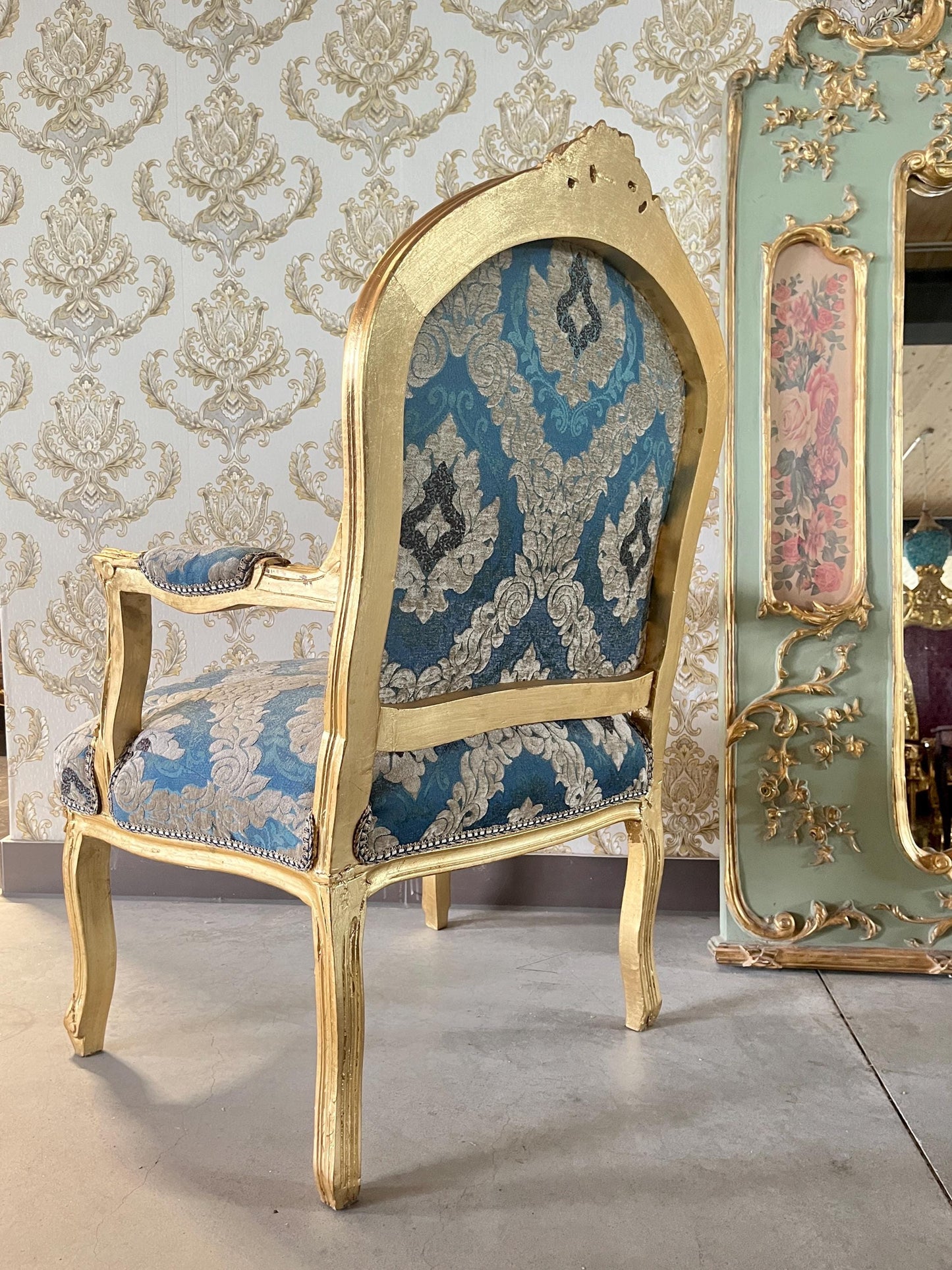 Armchairs French Louis Style in Blue Damask Retro Baroque Rococo Style Armchair Lounge Chair for Home Decor