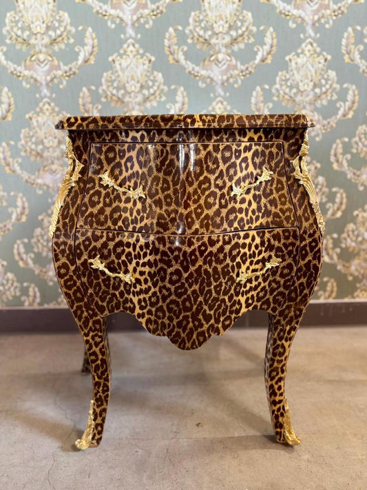 Night Stand French Louis Style in Leopard Print Stylish Bedside Table Baroque Rococo Style Inlaid 2 drawer’s Kommode for Bedroom Home Decor