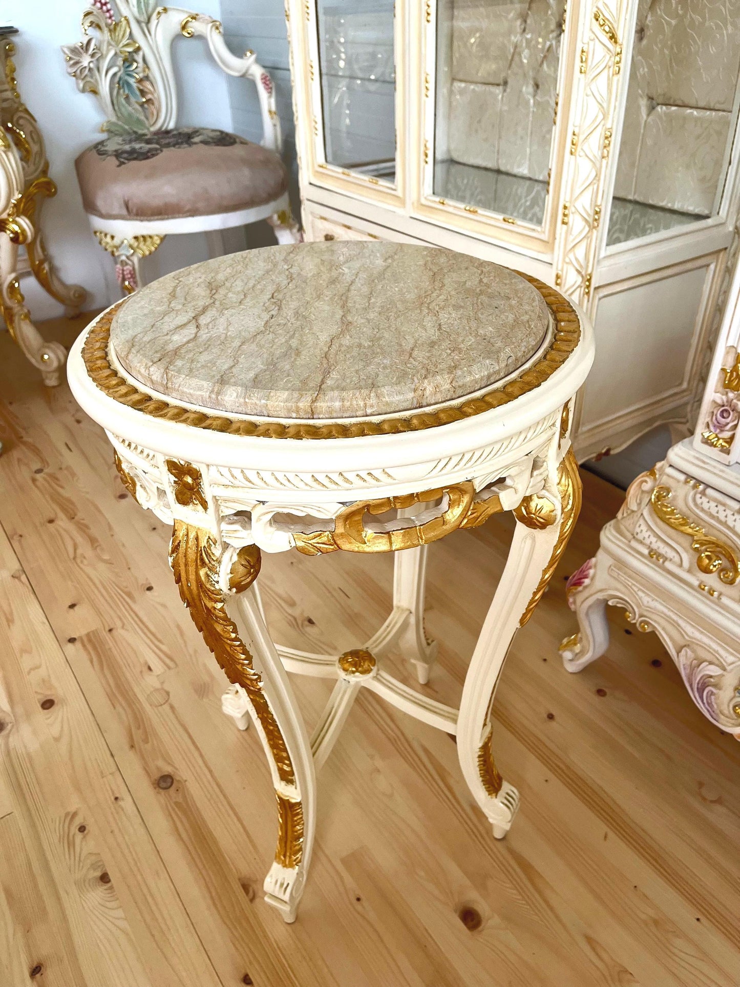 Side Table French Baroque Style with Marble Top Lamp Table Coffee Table Retro Antique Style White Finish Beige Marble for Home Decor
